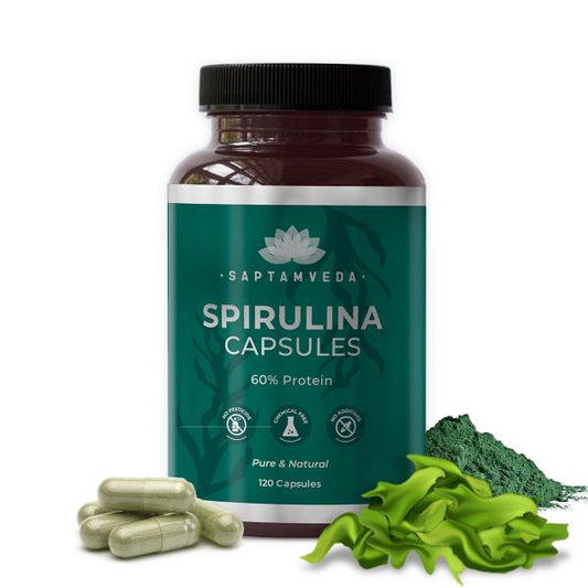 Saptamveda Spirulina Capsules - Protein-Rich Organic Superfood for Energy, Immunity & Detox, 2000mg