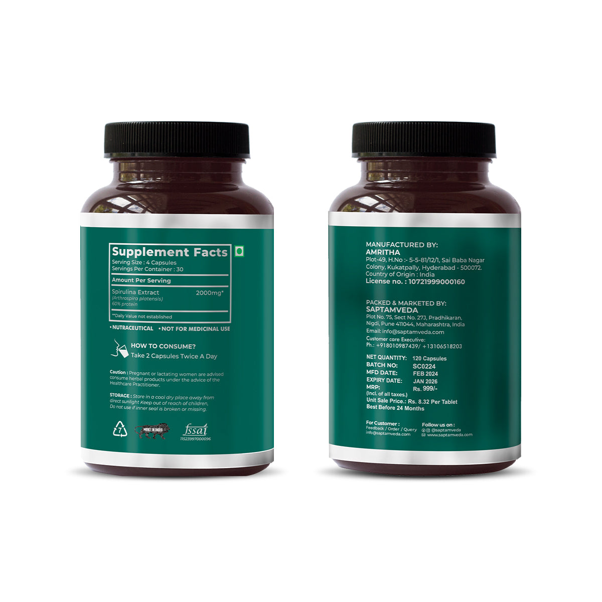 Saptamveda Spirulina Capsules | 2000 mg per serving