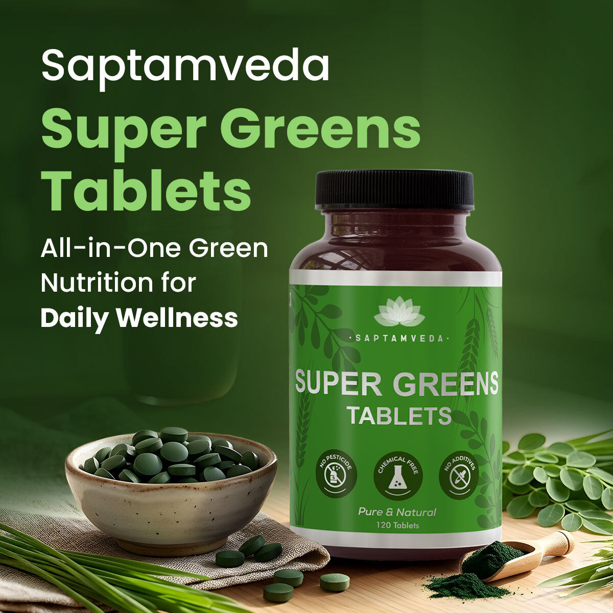 Organic Supergreens Tablets - Spirulina, Moringa, Wheatgrass & Barleygrass, 120 Tablets