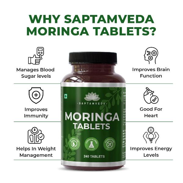 Saptamveda Organic Moringa Tablets – 500mg Each | Aids in Weight Management | Metabolism Booster | Protein Rich Organic Superfood for Energy, Immunity & Nutritional Support