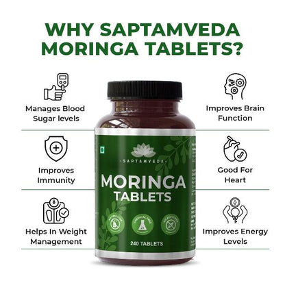 Saptamveda Organic Moringa Tablets – 500mg Each | Aids in Weight Management | Metabolism Booster | Protein Rich Organic Superfood for Energy, Immunity & Nutritional Support