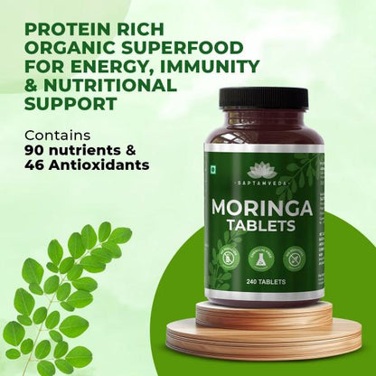 Saptamveda Organic Moringa Tablets – 500mg Each | Aids in Weight Management | Metabolism Booster | Protein Rich Organic Superfood for Energy, Immunity & Nutritional Support