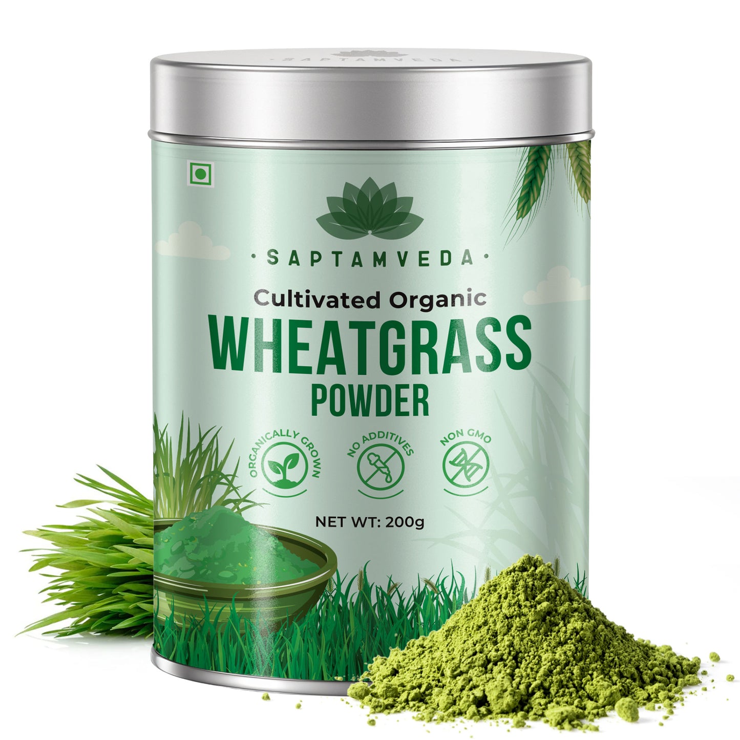 Saptamveda 100% Pure Wheatgrass Powder | Rich in Chlorophyll & Antioxidants | 200g Tin