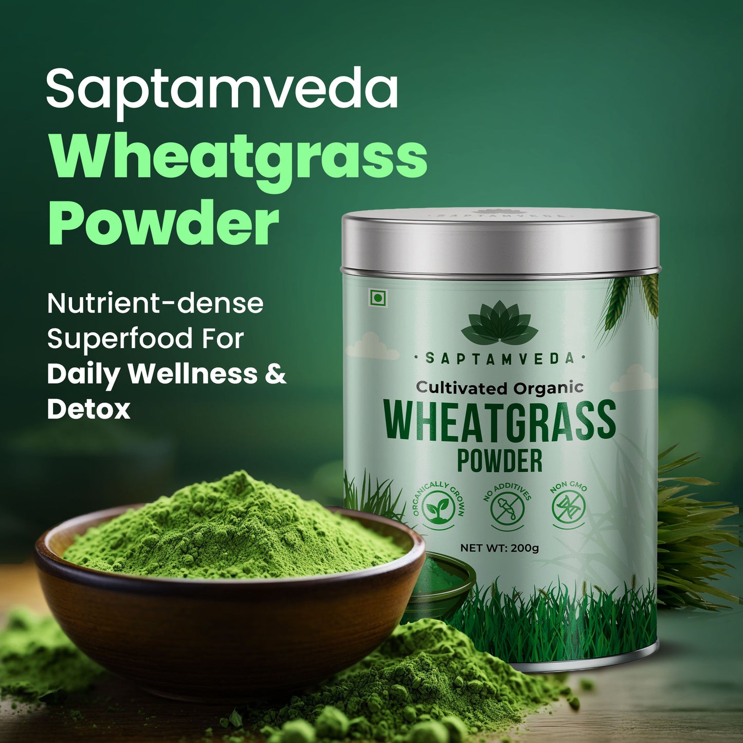 Saptamveda 100% Pure Wheatgrass Powder | Rich in Chlorophyll & Antioxidants | 200g Tin