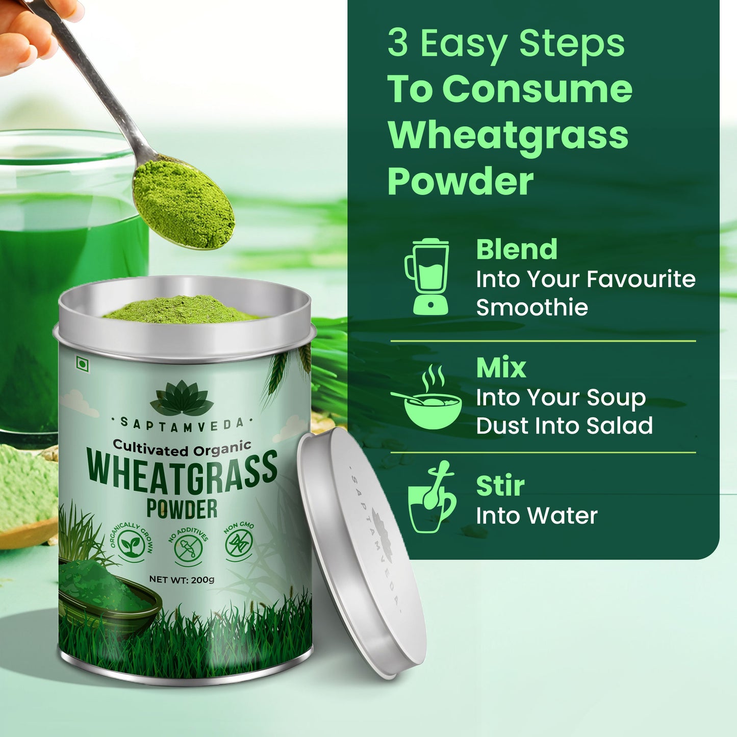 Saptamveda 100% Pure Wheatgrass Powder | Rich in Chlorophyll & Antioxidants | 200g Tin