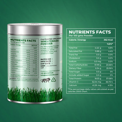 Saptamveda 100% Pure Wheatgrass Powder | Rich in Chlorophyll & Antioxidants | 200g Tin