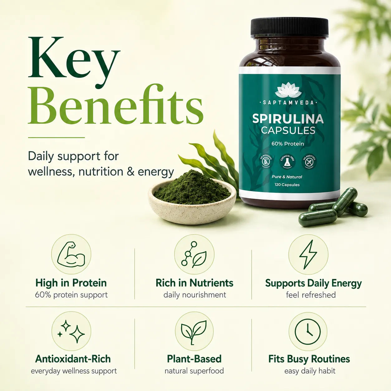 Saptamveda Spirulina Capsules - Protein-Rich Organic Superfood for Energy, Immunity & Detox, 2000mg