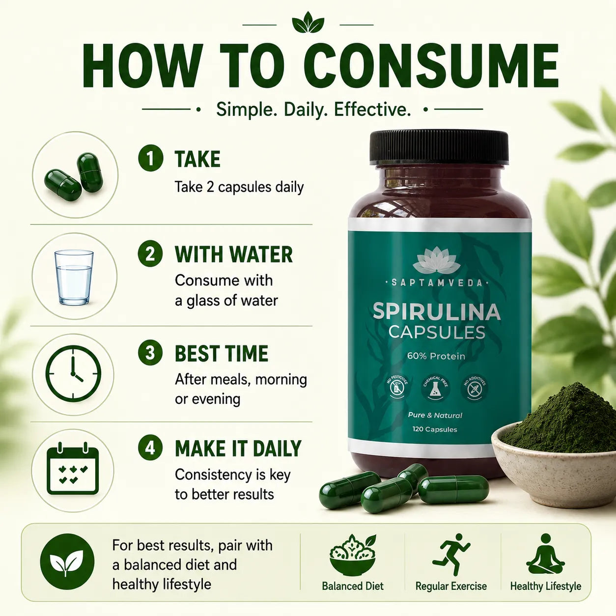 Saptamveda Spirulina Capsules - Protein-Rich Organic Superfood for Energy, Immunity & Detox, 2000mg
