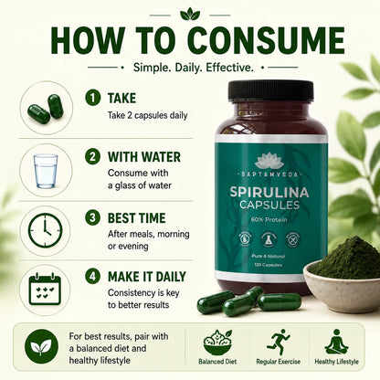 Saptamveda Spirulina Capsules - Protein-Rich Organic Superfood for Energy, Immunity & Detox, 2000mg