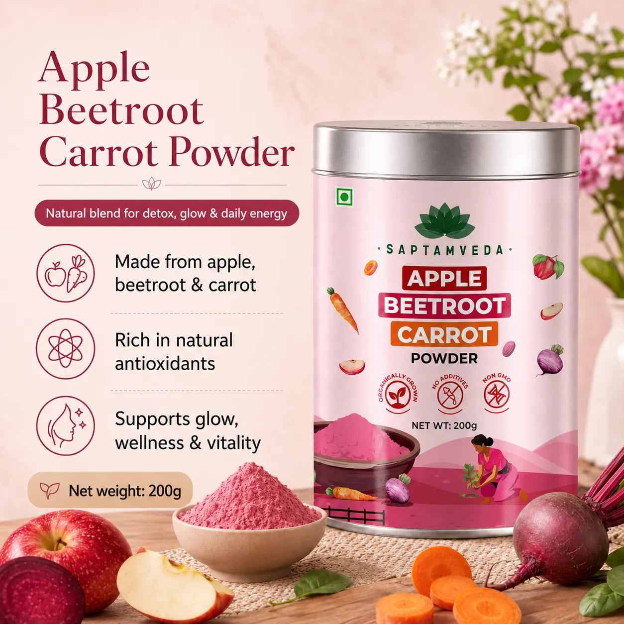 ABC Powder – Apple Beetroot Carrot | Natural Superfood for Detox, Glow & Energy | 200g Tin