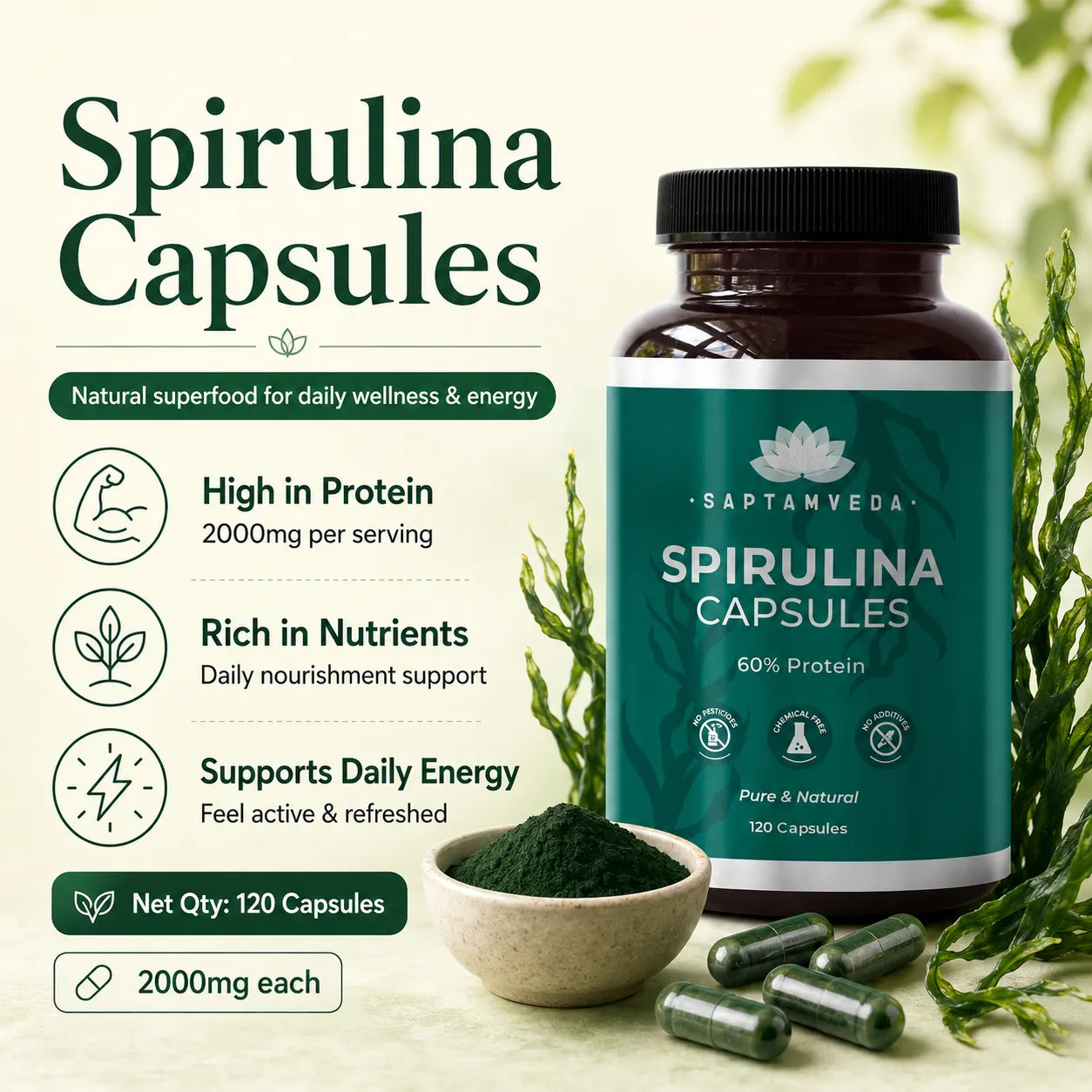 Saptamveda Spirulina Capsules - Protein-Rich Organic Superfood for Energy, Immunity & Detox, 2000mg