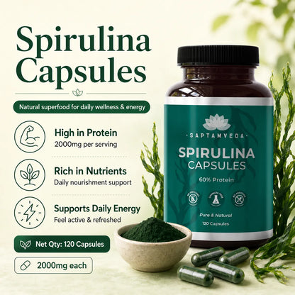 Saptamveda Spirulina Capsules - Protein-Rich Organic Superfood for Energy, Immunity & Detox, 2000mg