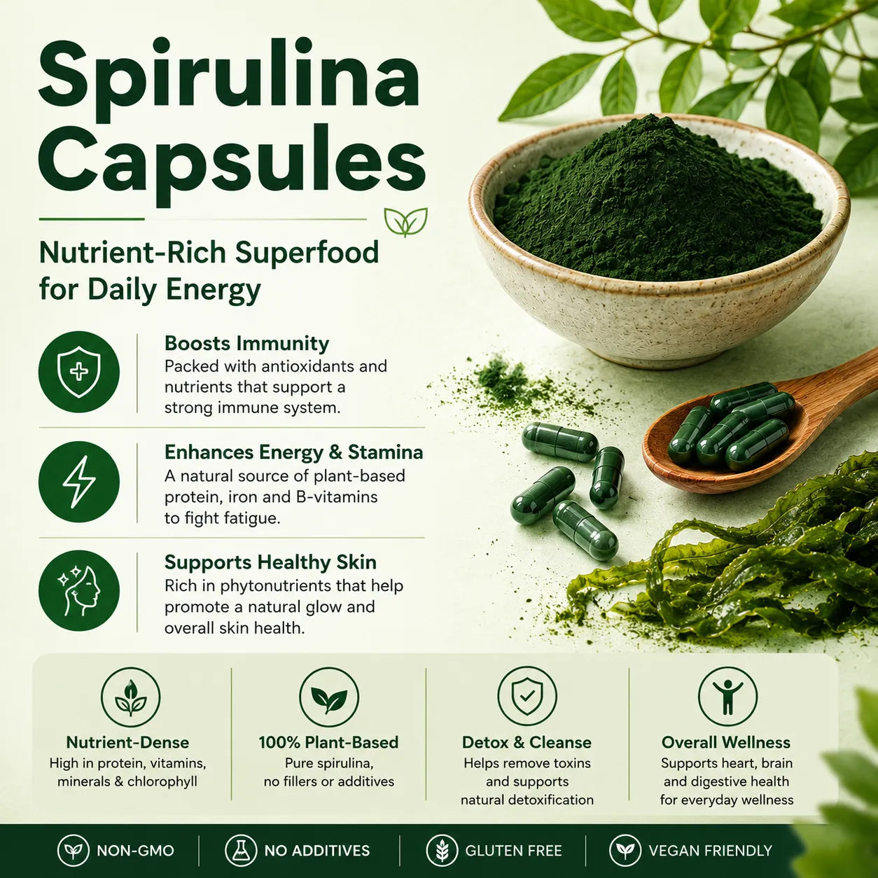 Saptamveda Spirulina Capsules - Protein-Rich Organic Superfood for Energy, Immunity & Detox, 2000mg