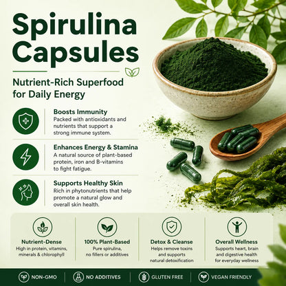 Saptamveda Spirulina Capsules - Protein-Rich Organic Superfood for Energy, Immunity & Detox, 2000mg