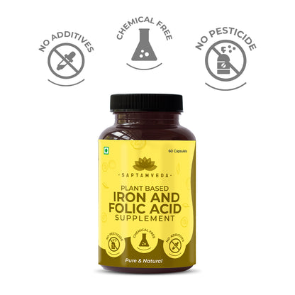 Natural Iron And Folic Acid with Vitamin C |  Curry Leaves Extract, Amla Extract & Lemon Peel Extract | 60 Veg Capsules | 500 mg each