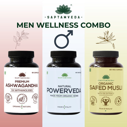 Saptamveda Men Wellness Combo | Premium Ashwagandha | Natural Powerveda | Organic Safed Musli | 180 Capsules