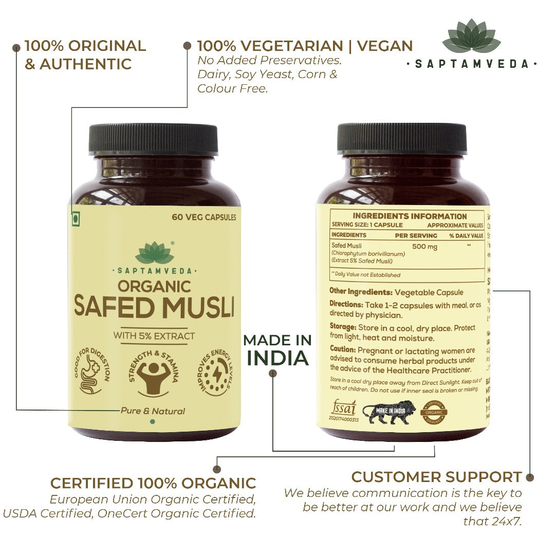 Natural Safed Musli Capsules with 5% Extract | 60 Capsules | 500mg each